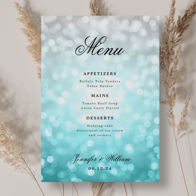 Menu Élégant Script Mariage Beach Bokeh Lumières (Elegant Script Wedding Beach Bokeh Lights Menu)