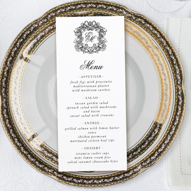 Menu Élégant Script Monogram Crest Mariage (Créateur téléchargé)