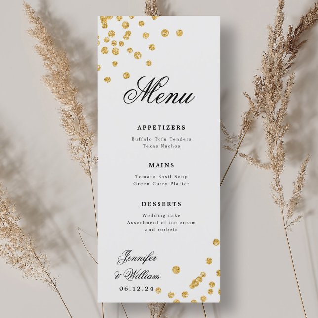 Menu Élégant Script Romantique Mariage Confetti Gold (Elegant Script Romantic Wedding Confetti Gold Menu)