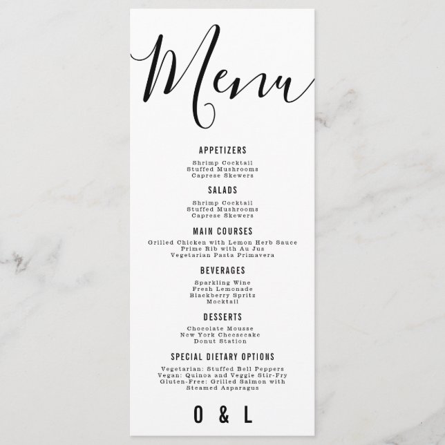 Menu Élégant simple Mariage de monogramme noir et blanc (Devant)