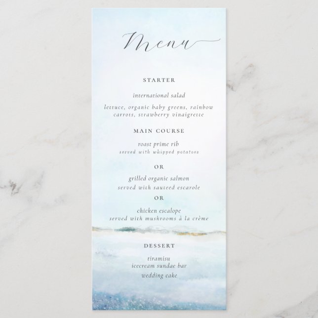 Menu Elégant Simple Watercolor Plage Mariage côtier (Devant)