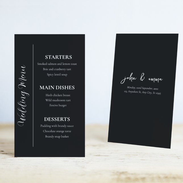 Menu Elégant thème Mariage noir et blanc (Food is the one that makes your guests remember you most, use this theme wedding menu card)