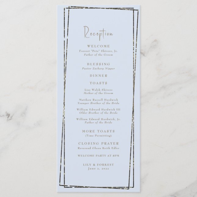 Menu Elégant Toasts Mariage Dusty Blue Réception (Devant)