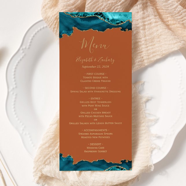 Menu Élégant Turquoise Blue Gold Agate Mariage rouille (Créateur téléchargé)