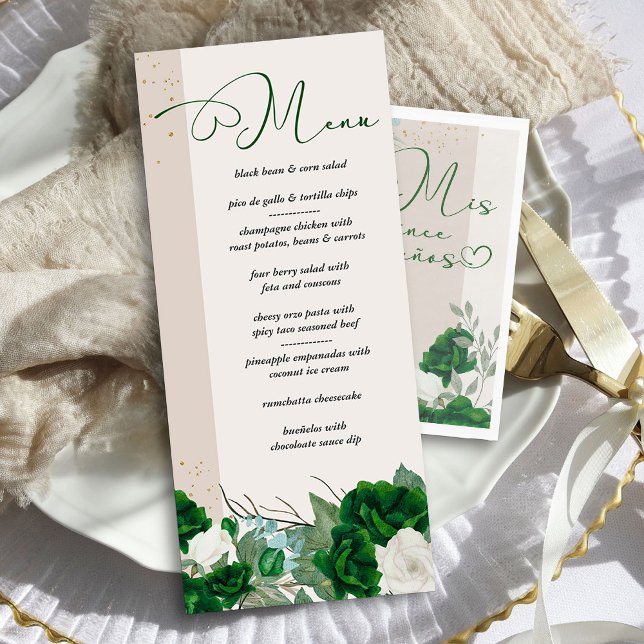 Menu Élégant vert émeraude et Rose ivoire floral (Quinceanera Menu from the Royal Rose Emerald Green Quinceanera Collection by Darling & May)