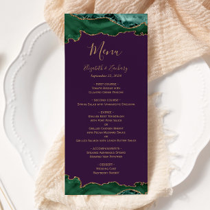 Menu Élégant Vert Émeraude Or Agate Violet Mariage