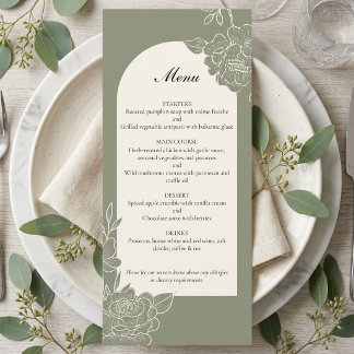 Menu Élégant Vert Sauge Floral Ivoire Arche Mariage