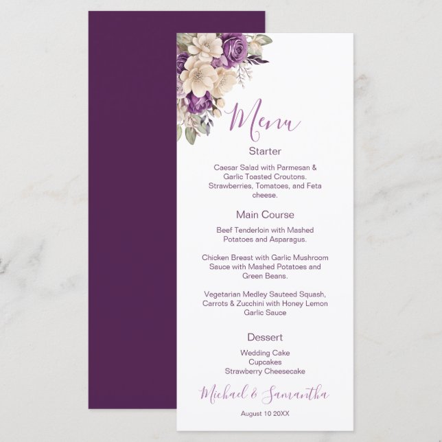 Menu Élégant violet et ivoire Rose Mariage (Devant / Derrière)