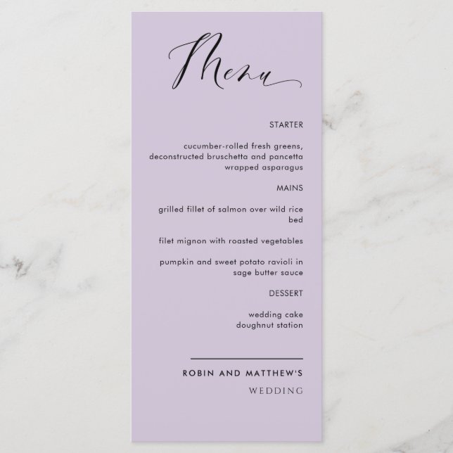 Menu Élégant violet, Mariage de calligraphie / Réceptio (Devant)