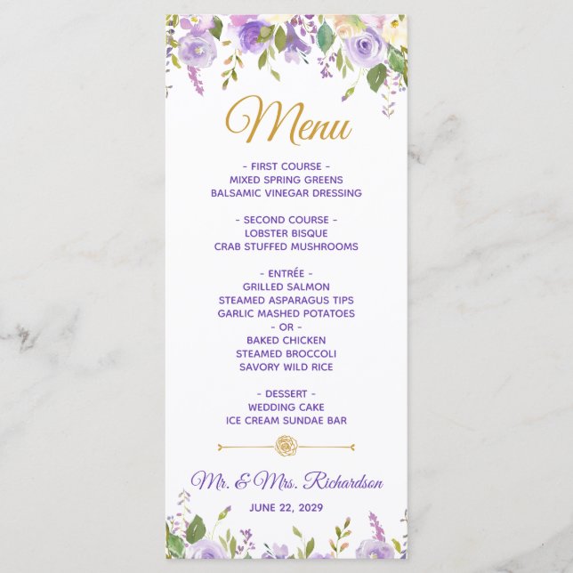Menu Elégant violet or Aquarelle Mariage Floral (Devant)