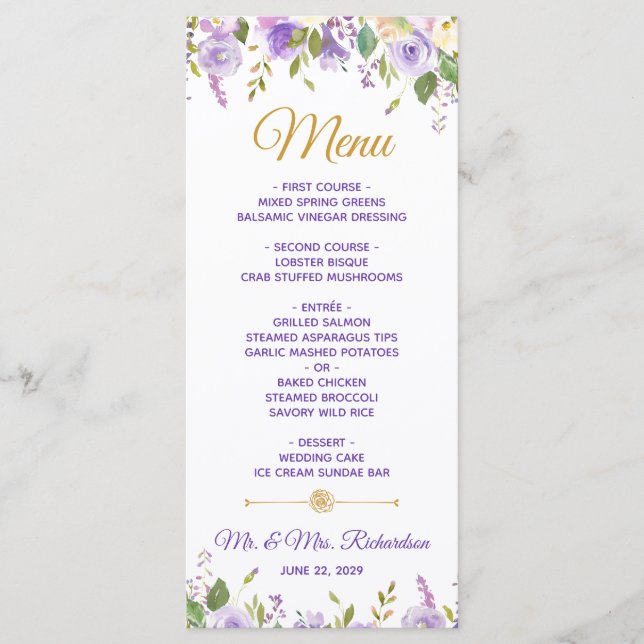 Menu Elégant violet or Aquarelle Mariage Floral (Devant)
