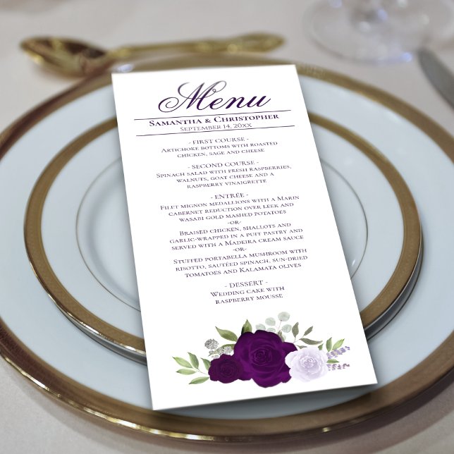 Menu Elégant violet Roses Boho Chic Mariage (Créateur téléchargé)