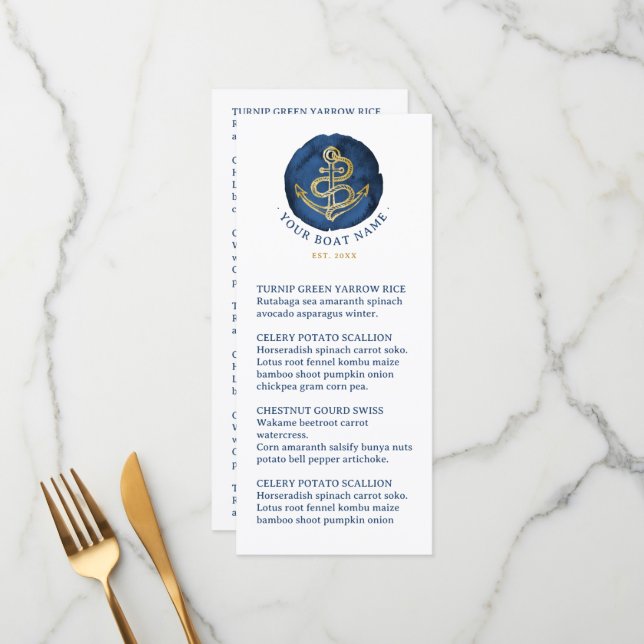 Menu Elégante Ancre aquarelle Nom nautique Marine Bleu (Devant/Arrière en situation)