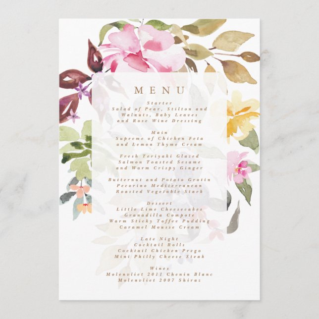 Menu Elégante aquarelle Beau Mariage (Devant)