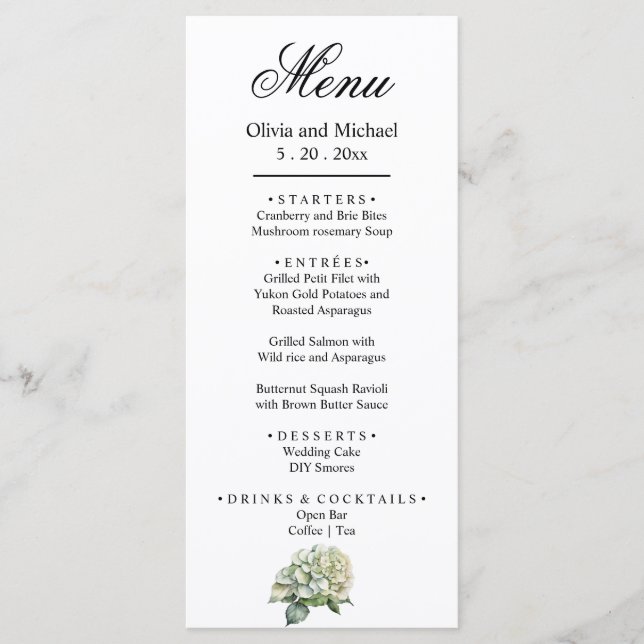 Menu Elégante aquarelle blanche vert hydrangée florale (Devant)