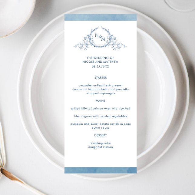 Menu Elégante Aquarelle bleu Monogram, Mariage (Créateur téléchargé)