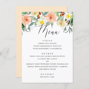 Menu Elégante aquarelle pêche jardin fleuri mariage