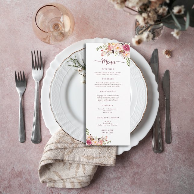 Menu Elégante aquarelle rose pâle Mariage floral (Créateur téléchargé)