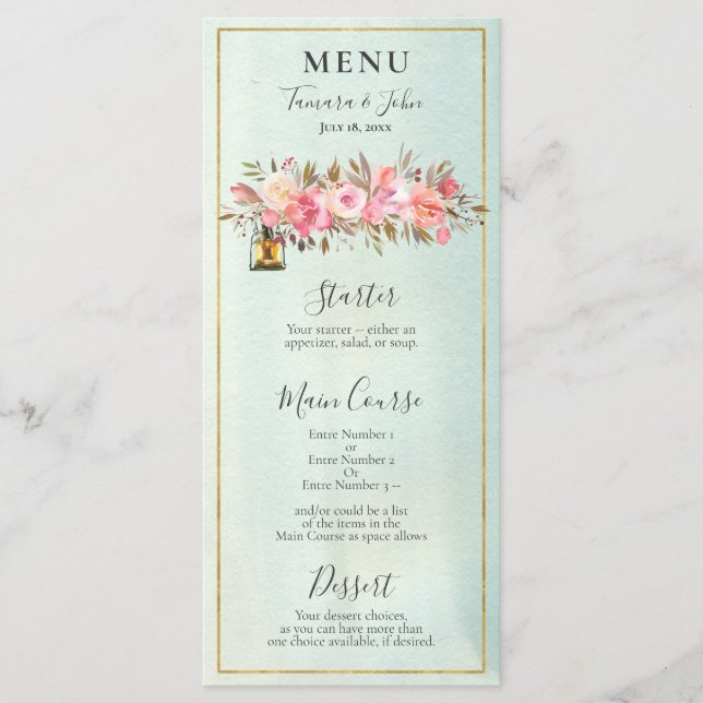 Menu Elégante aquarelle verte Rose or fleurs lanternes (Devant)