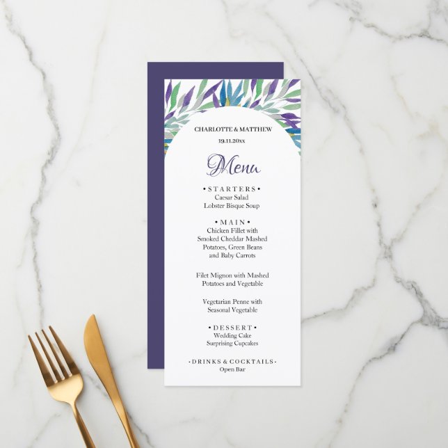 Menu Elégante Belle Aquarelle Florale Boho violet (Devant/Arrière en situation)