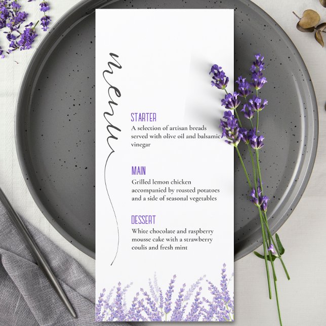 Menu Élégante calligraphie aquarelle Mariage de lavande (Elegant Calligraphy Lavender floral Wedding Menu)
