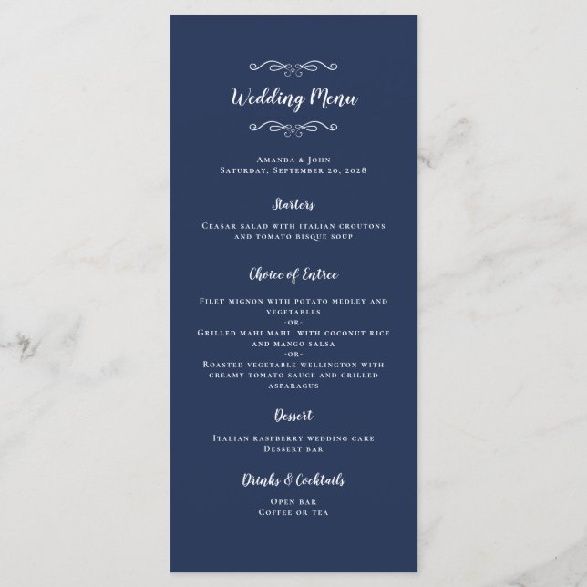 Menu Élégante calligraphie de mariage Chic Navy Blue Di (Devant)