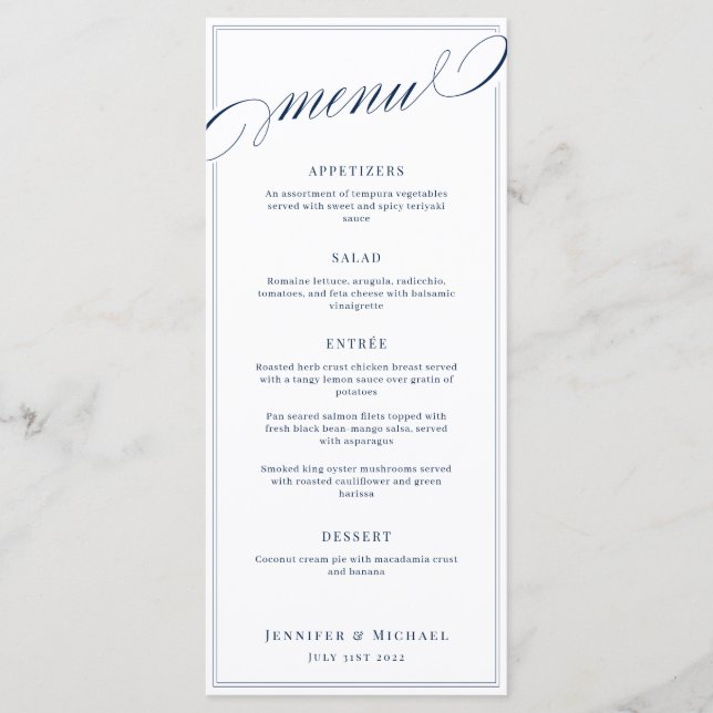 Menu Élégante calligraphie Mariage classique blanc et m (Devant)