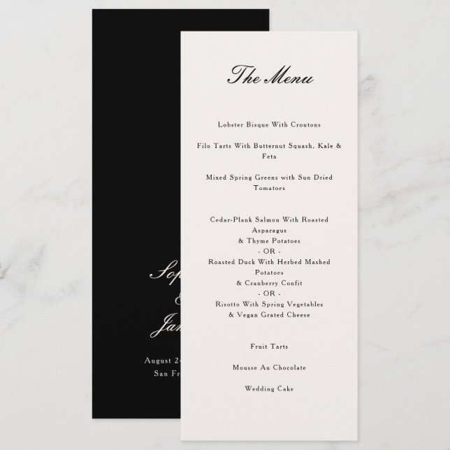Menu Élégante calligraphie Mariage noir dîner (Devant / Derrière)