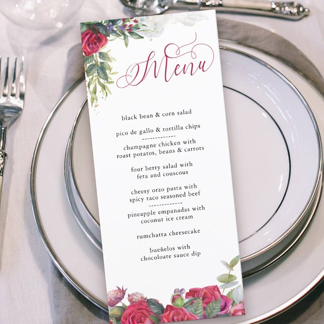 Menu Élégante calligraphie Roses rouges et Eucalyptus (Menu with personalized message on the back. Floral red rose design with elegant calligraphy)