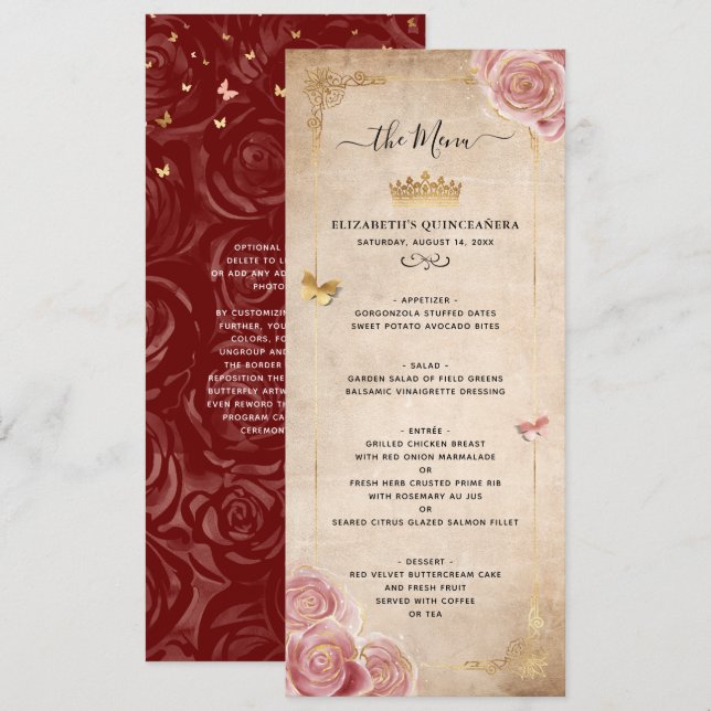 Menu Elégante couleur or rose rose bordeaux (Devant / Derrière)