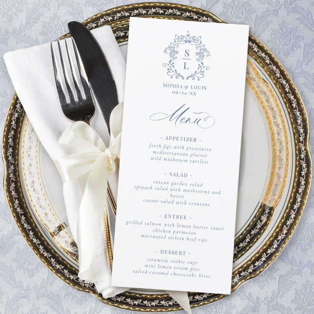Menu Élégante crête baroque Monogramme Mariage bleu (Créateur téléchargé)