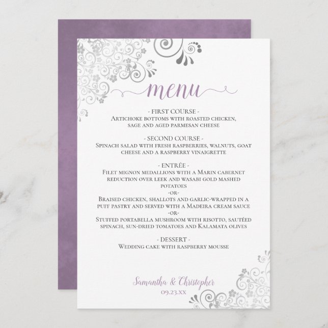 Menu Élégante dentelle argentée sur Mariage blanc (Devant / Derrière)