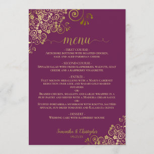 Menu Elégante dentelle d'or sur Cassis Mariage violet