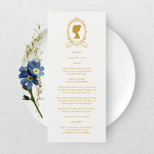 Menu Élégante Douche de Mariée Bleue et Or Damassée