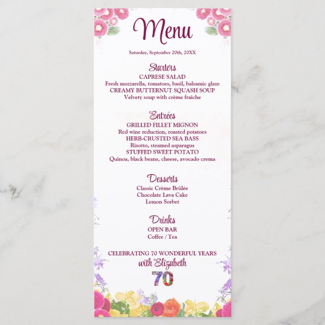 Menu Elégante Fête Florale 70e Anniversaire / 70 Ans (Devant)