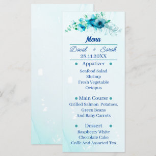 Menu Elégante Fleur Bleue Dîner Mariage personnalisé