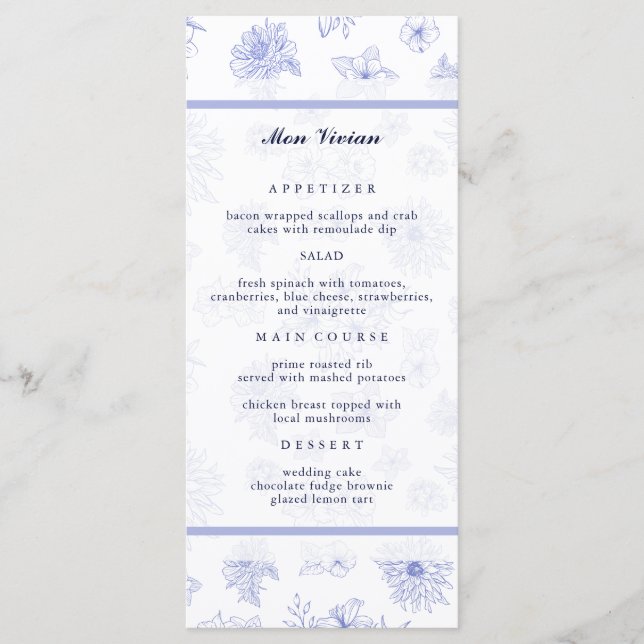 Menu Elégante Fleurs bleues neutres Nom d'hôte Dîner (Devant)