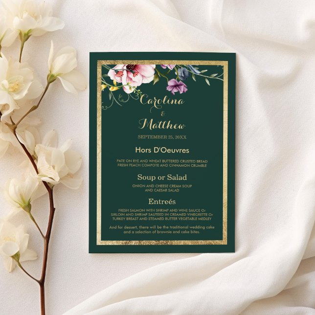 Menu Elégante forêt vert or rose rose fleuri Mariage Me (Elegant forest green gold pink floral Wedding Menu )