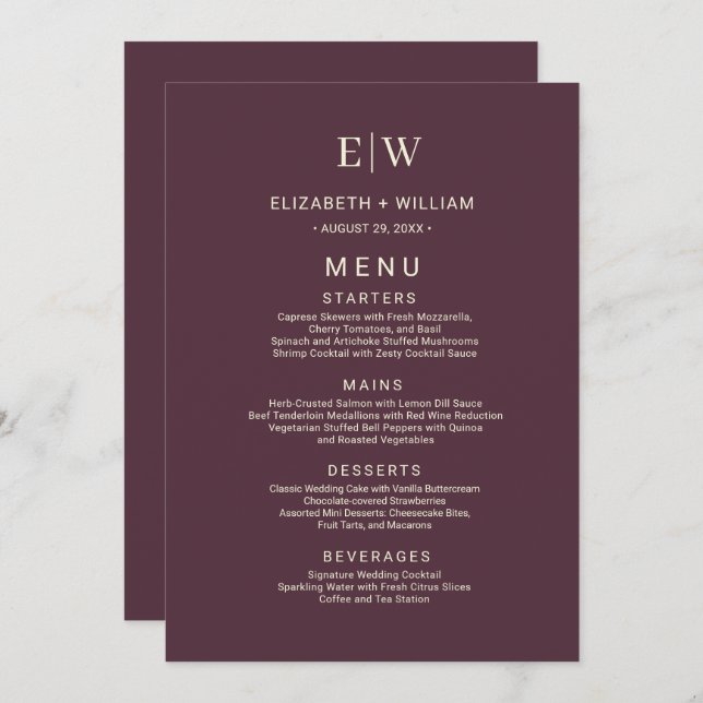 Menu Elégante laque simple cerise, Mariage Monogramme (Devant / Derrière)
