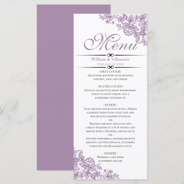 Menu Élégante Lavande sur mariage blanc (Devant / Derrière)