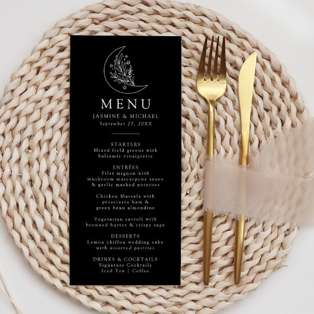 Menu Élégante Lune et étoiles Mariage noir et blanc (Créateur téléchargé)