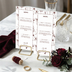 Menu Élégante Mariage Art Linéaire Floral Bourgogne