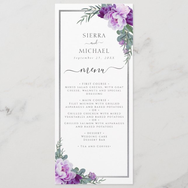Menu Elégante Réception de mariage florale violet et ar (Devant)