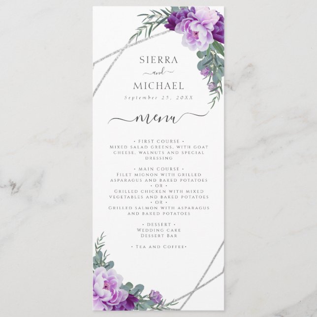 Menu Elégante Réception de mariage florale violet et ar (Devant)