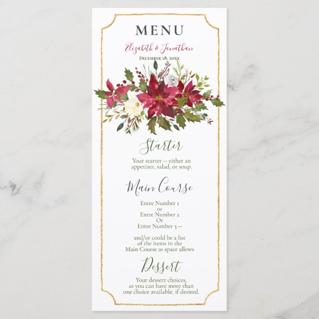 Menu Elégante Réception de Noël Florale Rouge Poinsetti (Devant)