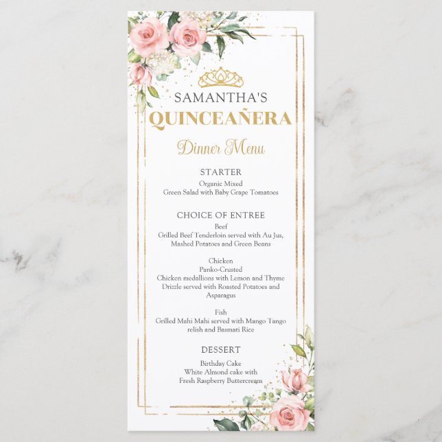 Menu Elégante rose rousse roses or tiara Quinceanera (Devant)