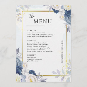 Menu Elégante table de Mariage floral bleu et or Dusty