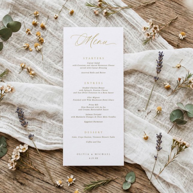 Menu Élégante Typographie Or Script Mariage Dîner (Elegant gold wedding dinner menu with modern script and minimalist old money typography.)