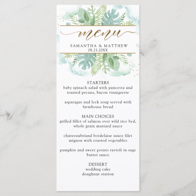 Menu Elégante verdure, vert pâle et bleu aquarelle (Devant)