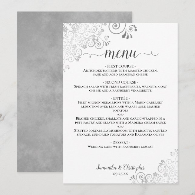 Menu Élégantes Boucles Argentées sur Mariage Chic Blanc (Devant / Derrière)